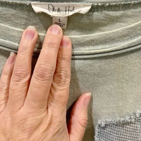 Oli & Hali Washed Number Patchwork Mixed Media Lace Tee Sz L Green/Blue - Picture 8 of 8